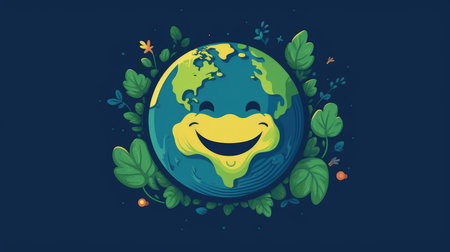 Happy cartoon Earth with vibrant nature elements. Ecological and environment-friendly concept with cheerful character for design and educational purpose. Green energy. Environmentally concept. AIG35.の素材