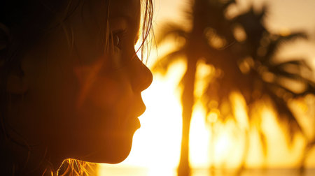 The woman gazes at the sunset with palm trees silhouetted against the fiery sky, creating a mesmerizing event of tints and shades in the darkness AIG50の素材