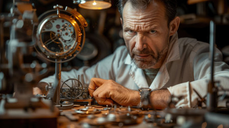 The picture of the adult professional watchmaker working inside workshop that has been filled with various kind of clock and watch, watchmaker need to use concentration and accuracy fix clock. AIG43.の素材