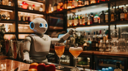 The picture of the robot that working as the bartender at the bar also serving the beverage or cocktails, the bartender require skill ingredient knowledge, menu development and flavor pairing. AIG43.の素材
