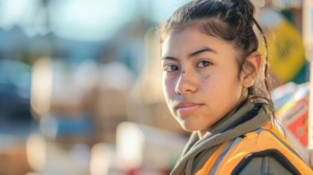 The close up picture of the hispanic female volunteer is working while wearing volunteer vest with blur background and looking at something, the volunteer require skill teamwork and an empathy. AIG43.の素材