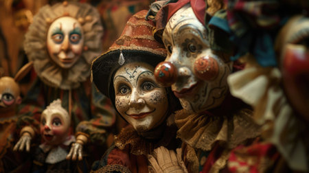 The close up picture of the puppet or marionette standing in the background in the doll shop, the puppeteer also require skill like creativity, acting skill, experience and theatrical skills . AIG43.の素材