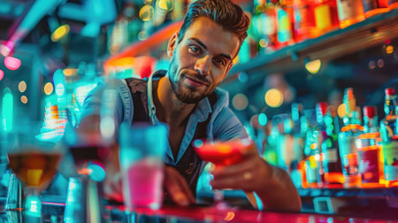 The picture of the professional mixologist is working in the bar inside nightclub by mixing the cocktail or alcohol, mixologist require experience, technique, management and customer service. AIG43.の素材