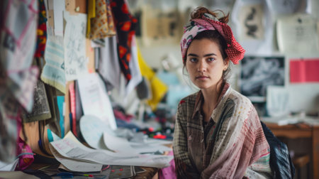 The picture of the fashion designer in the studio that has been filled with paper of drawing on wall of the room, the designer require skills like fabric knowledge, creativity, fashion trends. AIG43.の素材