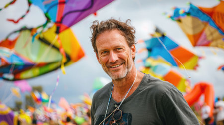 The picture of the kite designer that has been surrounded with the various colourful design of the kite, the kite designer require skill like creative, crafting skill, design skill, knowledge. AIG43.の素材