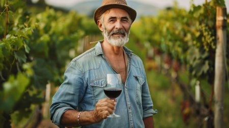 The picture of the winemaker is holding the wineglass that has been filled with wine inside the grape yard garden, the wine making job require experience and the knowledge about grape and wine. AIG43.の素材