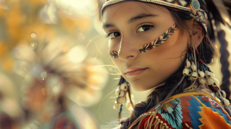 The close up picture of the native american teenage is wearing the costume of traditional dancer with blur background, the traditional dancer require cultural knowledge and dancing technique. AIG43.の素材