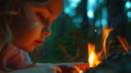A young girl sits by the fire, her nose glowing in the electric blue light. The flickering flames cast shadows on her eyelashes, creating an artful scene of warmth and comfort AIG50の素材