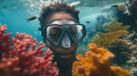 The picture of the diver is diving in the sea or ocean and wearing goggles and snorkel, the diver require skills like knowledge of the diving equipment and gear, buoyancy control and training. AIG43.の素材