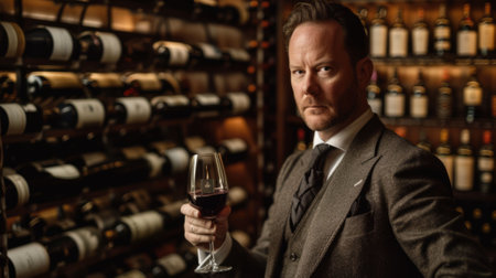 The picture of the professional sommelier in the wine storage room, The professional sommelier need the experience in wine to perfect the skill in recommending appropriate wine for customer. AIG43.の素材