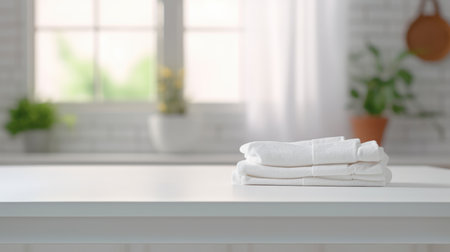 Folded towels on countertop with laundry machine in background. White towel on table in front of washing machine with blurred background. Home comfort and modern lifestyle for interior design. AIG35.の素材