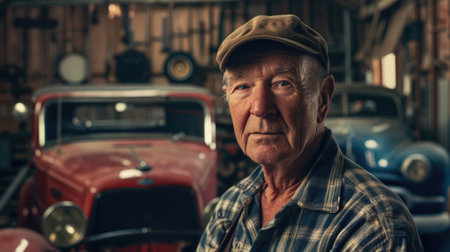 The picture of the adult mechanic looking at the camera with the vintage car in the automobile workshop that use for checking and repairing the various vehicle that need to use the experience. AIG43.の素材