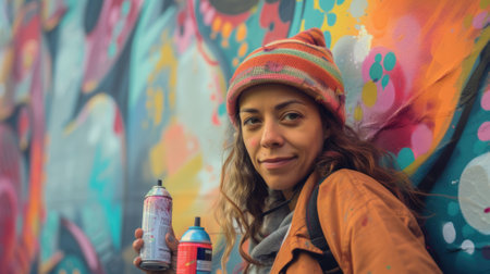 The picture of the graffiti artist is spraying the painting on wall with colourful colours, the graffiti artist require skill like painting technique, creativity, colour theory and experience. AIG43.の素材