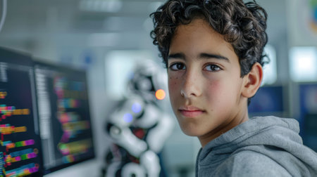 The picture of the middle eastern male teenager studying and learning about the technology in the room, learning related to technology require skills like the logical reason and computer skill. AIG43.の素材