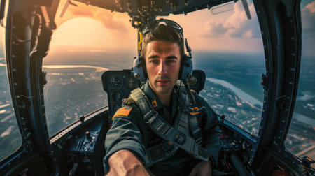 The picture of the professional pilot is piloting an airplane with terminal of the cockpit, the aircraft pilot require skills like flight planning, system management and regulations compliance. AIG43.の素材