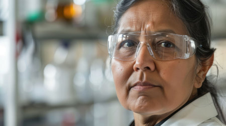 The picture of the senior south asian female pharmaceutical researcher in the laboratory and wearing lab coat and safety glasses, the researcher require the research technique and knowledge. AIG43.の素材
