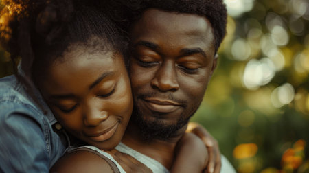 The close up picture of parents hugging each other in a beautiful nature under light from sun, the hugging is sign of affection, comfort, or support and expression of emotions of love and care. AIG43.の素材