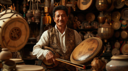 The picture of the ethnomusicologist holding the traditional guitar inside workshop that has been filled with musical instrument, ethnomusicologist require knowledge of world music and culture. AIG43.の素材