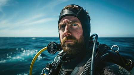 The picture of the diver is standing on the sea or ocean and wearing diving equipments, the diver require skills like knowledge of the diving equipment and gear, buoyancy control and training. AIG43.の素材