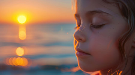 A happy little girl sits on the beach with her eyes closed, feeling the warmth of the sunlight on her face. Her nose wrinkles in a smile as she listens to the water and feels the breeze in her hairの素材
