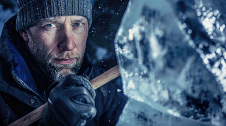 The picture of the ice sculptor holding the tool and equipment for carving the ice block or ice statue in the winter, the ice sculptor require experience in modeling the ice and precision tool. AIG43.の素材
