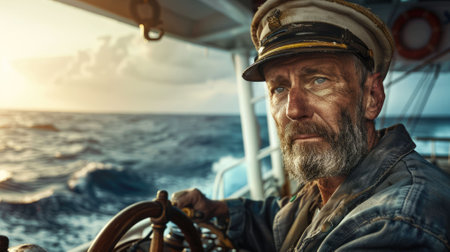 The picture of the military working as the marine captain for sailing the boat, the captain require skill like leadership, technical knowledge, management, weather awareness and safety focus. AIG43.の素材