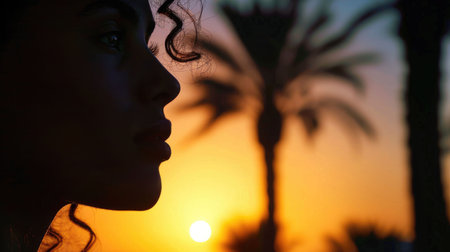 The silhouette of a womans face against a colorful sunset with palm trees and a beautiful natural landscape. Her gesture exudes happiness and peace as the heat of the day gives way to darkness AIG50の素材