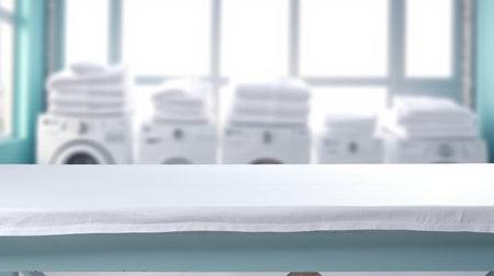 A white table with a white clean tablecloth in a laundry room with table cloth and blurring background. Interior mockup with copy space for design and advertisement. Equipment. Copy space. AIG35.の素材