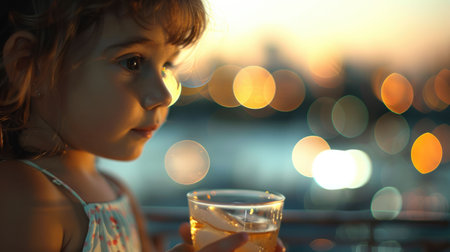A thoughtful young girl with a cup of juice against a blurred bokeh background. AIG50の素材