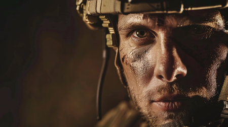 The close up picture of the military officer is working on the operation in the warfare or battlefield, the military require skill like endurance, training, physical strength and combat skill. AIG43.の素材