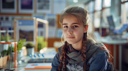 The picture of the caucasian european female kid learning and doing experiment inside lab room of the school, the laboratory regulations is to wear safety gear and follow safety instructions. AIG43.の素材