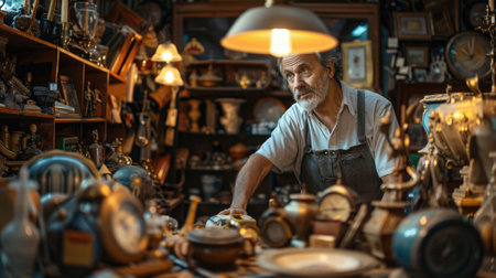 The picture of the antique dealer that working inside the old vintage shop that selling, buying or appraisal the antique, old, retro, classic object in the past but still valuable and elegant. AIG43.の素材