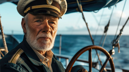 The picture of the military working as the marine captain for sailing the boat, the captain require skill like leadership, technical knowledge, management, weather awareness and safety focus. AIG43.の素材