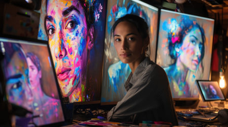 The picture of the digital artist is working inside his workshop that has surrounded with computer monitor, the digital artist require skill like creativity, experience and drawing technique. AIG43.の素材