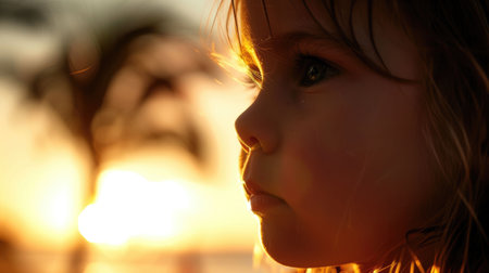 The woman gazes at the sunset with palm trees silhouetted against the fiery sky, creating a mesmerizing event of tints and shades in the darkness AIG50の素材