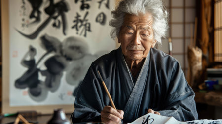 The picture of the calligrapher working inside the building, the calligraphers work is to use brush and writing text on the paper, this job require skills like brushwork skill and patience. AIG43.の素材