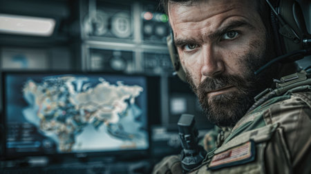 The close up picture of the soldier working with monitor inside the military station or command center in military camp that collect the confidential data or useful information for the army. AIG43.の素材