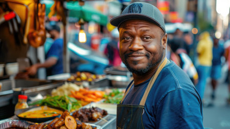 The picture of the street food vendor that has been selling the food near the street that people can walk there to buy at the food stall and eat, the street food is the local small business. AIG43.の素材