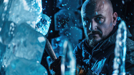 The picture of the ice sculptor holding the tool and equipment for carving the ice block or ice statue in the winter, the ice sculptor require experience in modeling the ice and precision tool. AIG43.の素材
