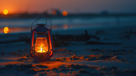 A lantern illuminates the sandy beach at sunset, casting a warm glow over the water and painting the horizon in a beautiful dusk landscape AIG50の素材