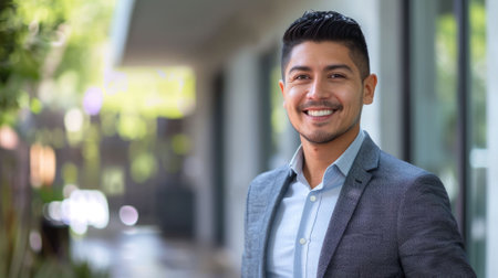 The picture of hispanic real estate man with confident is standing outside near the building, the real estate require skill marketing, negotiation, communication, experience, legal knowledge. AIG43.の素材