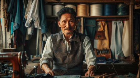 A picture of the tailor working inside the workshop measuring, design, customize and sewing a cloth, the tailor require attention to detail, creativity, communication skill and solving ability. AIG43.の素材