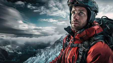 The picture of the caucasian male is prepare to paragliding from the peak of the mountain under the blue sky with cloud, the paragliding require skill paraglide knowledge and flight equipment. AIG43.の素材