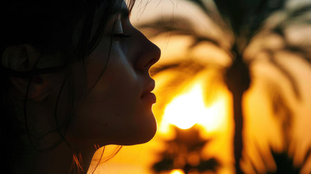 The silhouette of a womans face against a colorful sunset with palm trees and a beautiful natural landscape. Her gesture exudes happiness and peace as the heat of the day gives way to darkness AIG50の素材