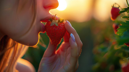 A woman happily eats a ripe strawberry under the blue sky, surrounded by flowers and plants. Her gesture shows her joy as she enjoys the sweet fruit AIG50の素材