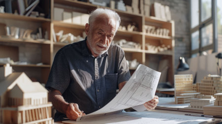 The picture of caucasian architect male working on the blueprint to planning a city, the city designer or architect require architecture knowledge, planning, communication and the management. AIG43.の素材