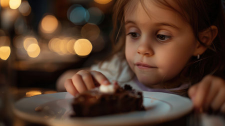 A young girl is enjoying a slice of chocolate cake using a fork. She is savoring the delicious dessert at an event, her bangs brushing against her eyelashes AIG50の素材