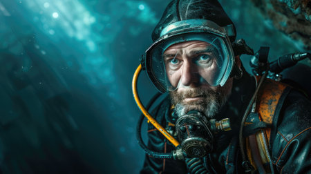 The picture of the diver is diving in the sea or ocean and wearing goggles and snorkel, the diver require skills like knowledge of the diving equipment and gear, buoyancy control and training. AIG43.の素材