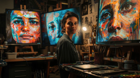 The picture of the digital artist is working inside his workshop that has surrounded with computer monitor, the digital artist require skill like creativity, experience and drawing technique. AIG43.の素材