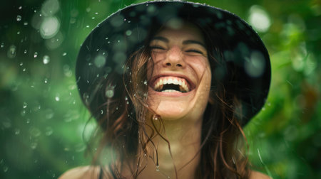 A woman is happily smiling with water dripping down her hair while taking a shower in the rain, enjoying the leisure of being surrounded by nature during her travel AIG50の素材
